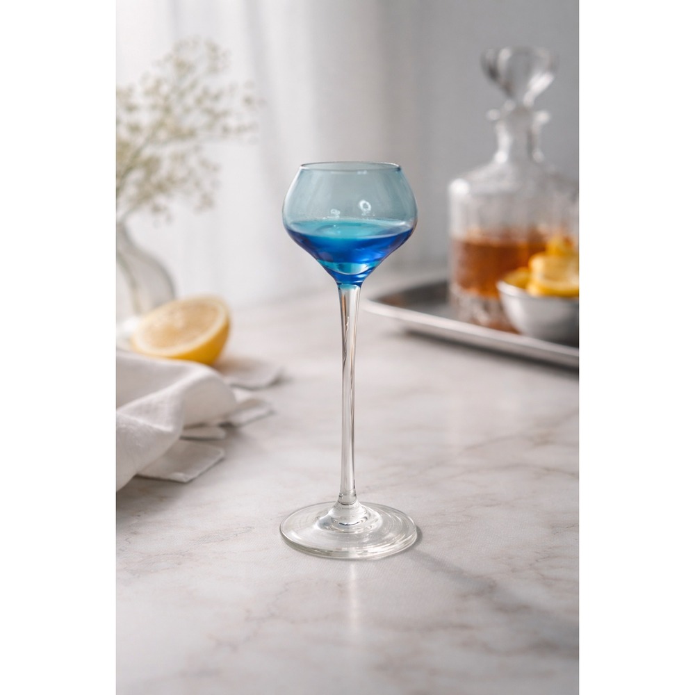 Vintage Blue Hand Blown Glass Cordial Liqueur‎ Stemware Clear Long Stem 5.25in